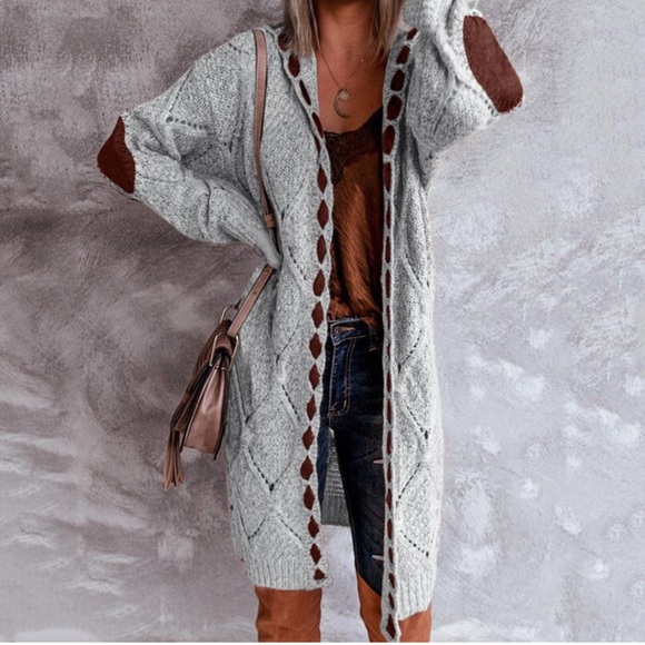 63Bohemian Knit Grey Lace Up Long Hood Gray Cardigan Brown Crochet Elbow Patches - Picture 3 of 7